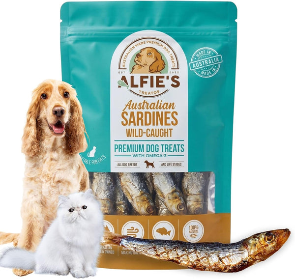 ALFIE'S TREATOS Sardines for Dogs & Cats, Omega-3 Air-Dried Fish (2.65 Oz) | Single-Ingredient Wild-Caught Australian Sardine, Air-Dried, Use as a Topper or Training Treat1