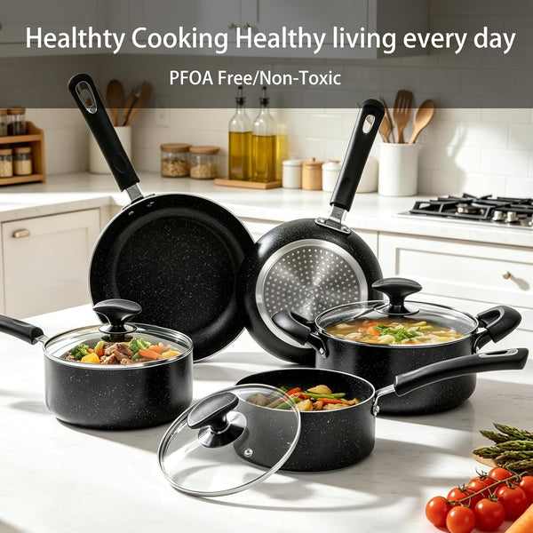 8 Piece Pots and Pans Set Non Stick, Non Stick Kitchen Cookware Set with 20Cm & 26Cm Frying Pans and 16Cm, 18Cm Saucepans with Lids and 20Cm Casserole Pot with Lid, Induction Compatible Pots,Black5