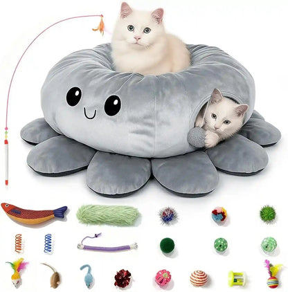 Cat Tunnel Bed with 20 Cat Toys, Collapsible Play Tunnel for Indoor Cats, Kitten Toys for Indoor Kittens, Octopus Shaped10