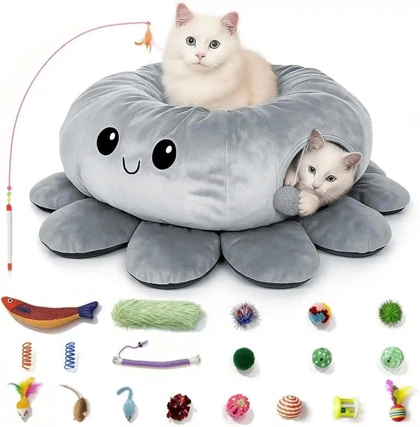 Cat Tunnel Bed with 20 Cat Toys, Collapsible Play Tunnel for Indoor Cats, Kitten Toys for Indoor Kittens, Octopus Shaped10