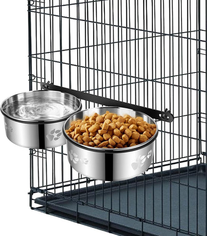 Yummy Sam Hanging Pet Dog Food Water Bowl for Cage, Stainless Steel Non-Spill Kennel Bowls with Clamp Holder Crate Feeder Dish for Medium Large Dogs Pets (Silver, L (44 OZ+44 OZ))1
