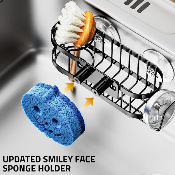 Sponge Holder Smiley Face, Sink Caddy for Kitchen Sink, Kitchen Organizer Sponge Holder with 2 PCS Suction Cups and Adhesive Strips, Designed for Sponge, Soap, Dish Brush, Scrubber-Black2