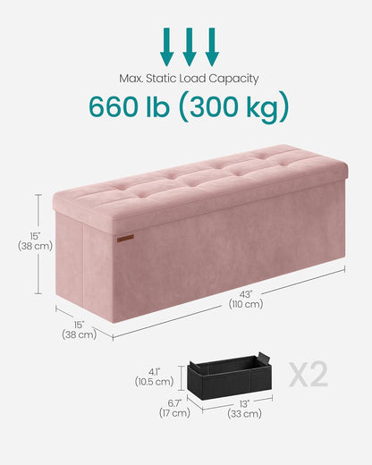 SONGMICS Mazie Collection - Storage Ottoman Bench, Foldable Foot Rest, 15 X 43 X 15 Inches, End of Bed Bench, Storage Chest, Load 660 Lb, Living Room, Bedroom, Entryway, Jelly Pink ULSF277R013