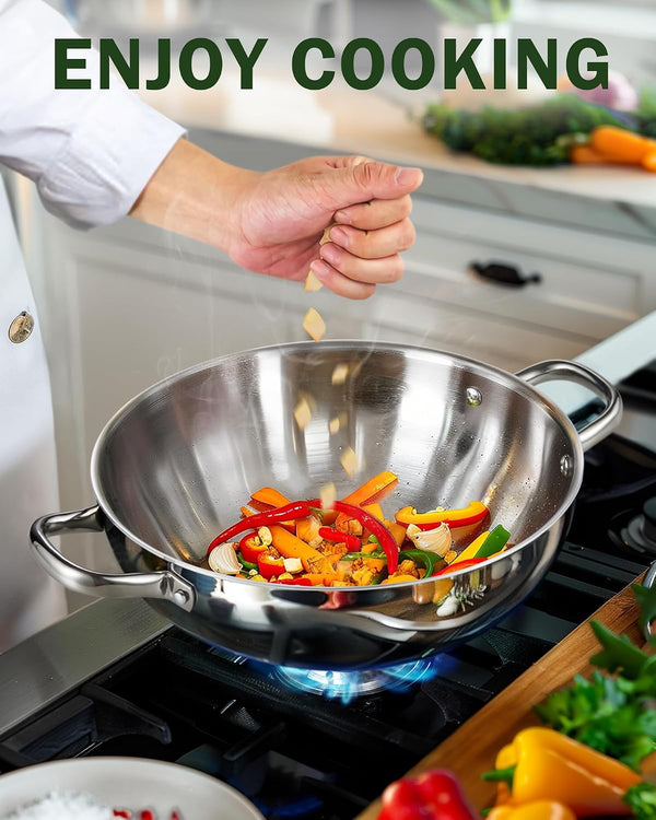 Tri-Ply Clad 12-Inch Stainless Steel Wok Pan with Lid, Flat Bottom Wok Stir Fry Pan, Dishwasher and Oven-Safe, Compatible with All Cooktops5