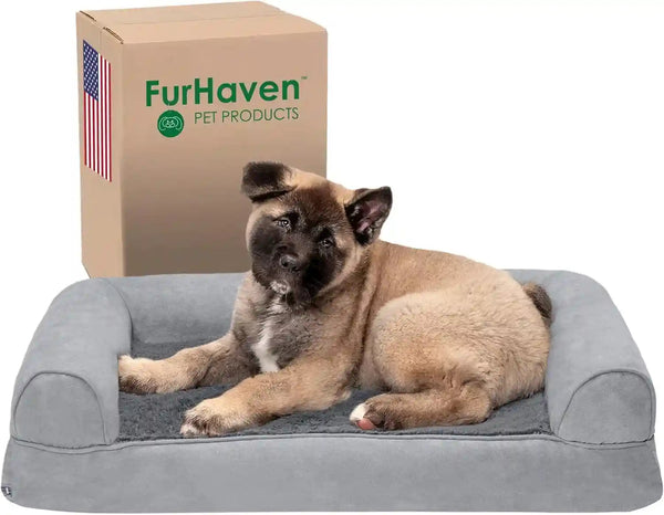 Furhaven Memory Foam Dog Bed for Medium/Small Dogs W/ Removable Bolsters & Washable Cover, for Dogs up to 35 Lbs - Luxe Faux Fur & Performance Linen Sofa - Woodsmoke, Medium17