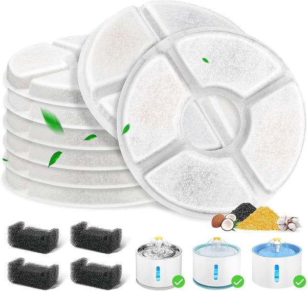 12 Pack Cat Water Fountain Filter, 8 Pcs Cat Fountain Filters Replacement Dia Is 5" & 4 Pcs Pre-Filter Sponges for 81Oz / 2.4L round Automatic Pet Water Fountain Dog Dispenser, 3-Filtration System1
