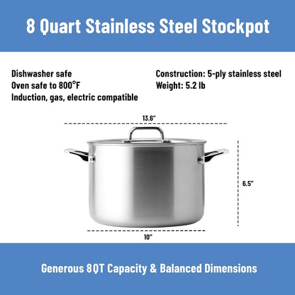 5-Ply Stainless Steel Stockpot – Large Cooking Pot for Boiling, Simmering & Stewing - Consistent, Even Heating - Durable, Dishwasher Safe – Oven-Safe to 800F, Induction Ready - 8 QT8