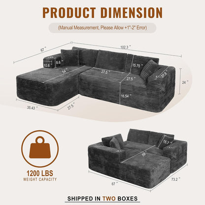 103" Boneless Couches for Living Room with 2 Cup Holders,L Shaped Modular Sectional Sofa Set,No Assembly Needed Plush Corduroy Living Room Set,Dark Gray3