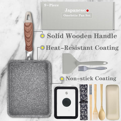 9Pcs Tamagoyaki Pan Set, Japanese Omelette Pan Nonstick with Lid, Square Japanese Egg Skillet Rectangle 7"X5" Grey2