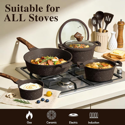 26PCS Pots and Pans Set Non Stick, Nonstick Cookware Sets, Induction Cook Ware, Includes Steamer & Silicone Utensils, Housewarming Gift, Kitchen Cooking Sets W/Frying Pan (PFOS, PFOA Free)6