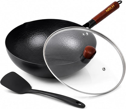 12.6 Inch Carbon Steel Wok Pan with Glass Cover, Pre-Seasoned Flat Bottom Wok for Chinese Cooking, Woks & Stir-Fry Pans Cookware, Compatible with Induction, Electric, Gas & Halogen1