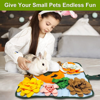Rabbit Foraging Mat Bunny Toys, 20"X20" Rabbit Snuffle Mat Interactive Feeding Game, Washable Bunny Hay Feeder Treat Dispenser Foraging Toys for Rabbits Guinea Pigs Chinchillas Ferrets6