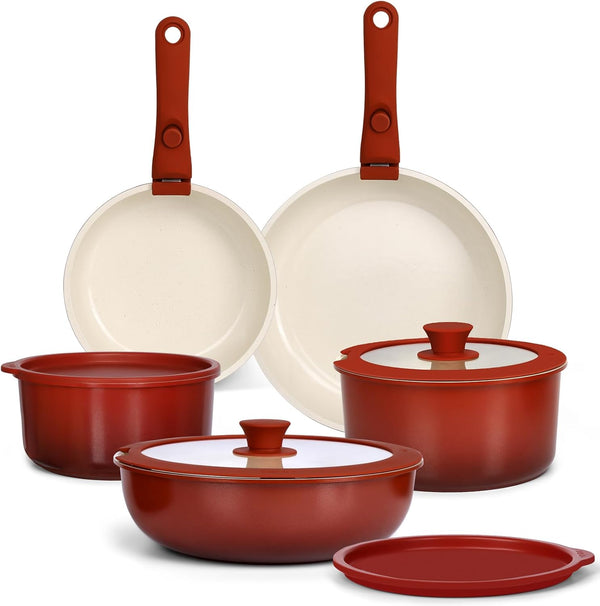 11PCS Ceramic Pots and Pans Set Non Stick, Nonstick Cookware Set Detachable Handle, Red Black Gradien Pots and Pans Induction Kitchen Cooking Sets, RV Cookware Sets for All Stoves1