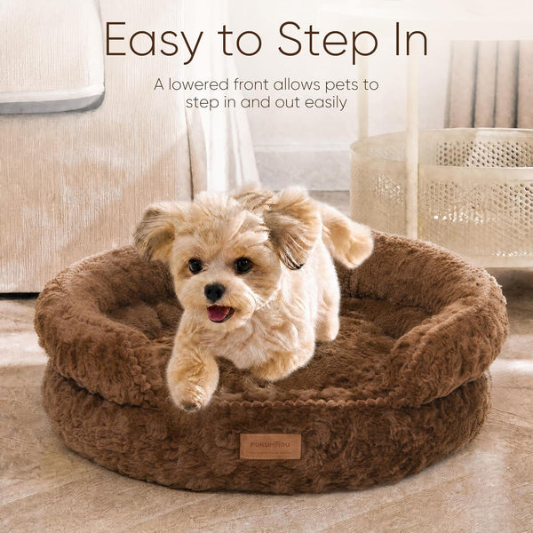 FUKUMARU round Cat Bed, Plush Washable Calming Dog Bed with Low Entry | Raised Bolster Small Dog Bed, Soft Cozy Donut Cat Bed for Indoor Cats, Faux Rabbit Fur & Anti-Slip Bottom, 20 Inch, Brown4