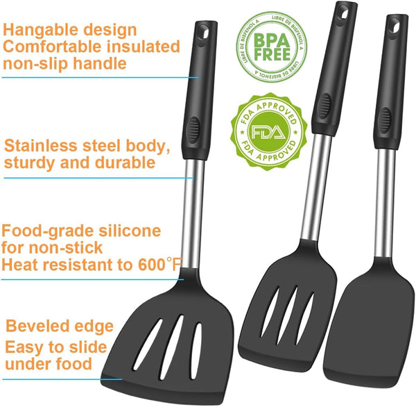 Spatula Set Silicone Heat Resistant for Nonstick Cookware Rubber Silicone Spatula Turner Fish, Large Nonstick Plastic Egg Wok Spatula for Kitchen Use Cooking Utensils Set2