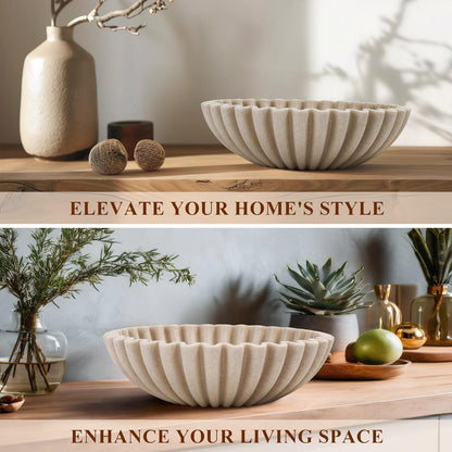 Large Decorative Bowl, Modern Handicraft Bowls for Home Decor, Fruit Bowl for Kitchen Counter, Ruffle Decor, Stylish Key Bowl for Entry Table, Artificial Stone Beige7