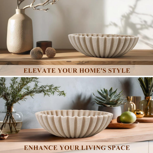 Large Decorative Bowl, Modern Handicraft Bowls for Home Decor, Fruit Bowl for Kitchen Counter, Ruffle Decor, Stylish Key Bowl for Entry Table, Artificial Stone Beige7
