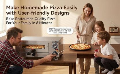 Electric Pizza Oven Indoor,12 Inch Countertop Pizza Maker with Viewing Window,Stainless Steel Commercial Pizza Oven, Removable Handle,Dual Baking Trays and Oven Mitts3