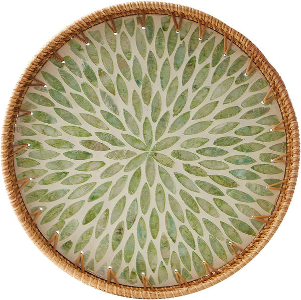 Round Rattan Tray with Mother of Pearl Inlay, Rattan Serving Tray with Wooden Base, Decorative Wicker Basket for Table Decor, Storage and Display of Coffee Bread Food Fruit (Leaf)1