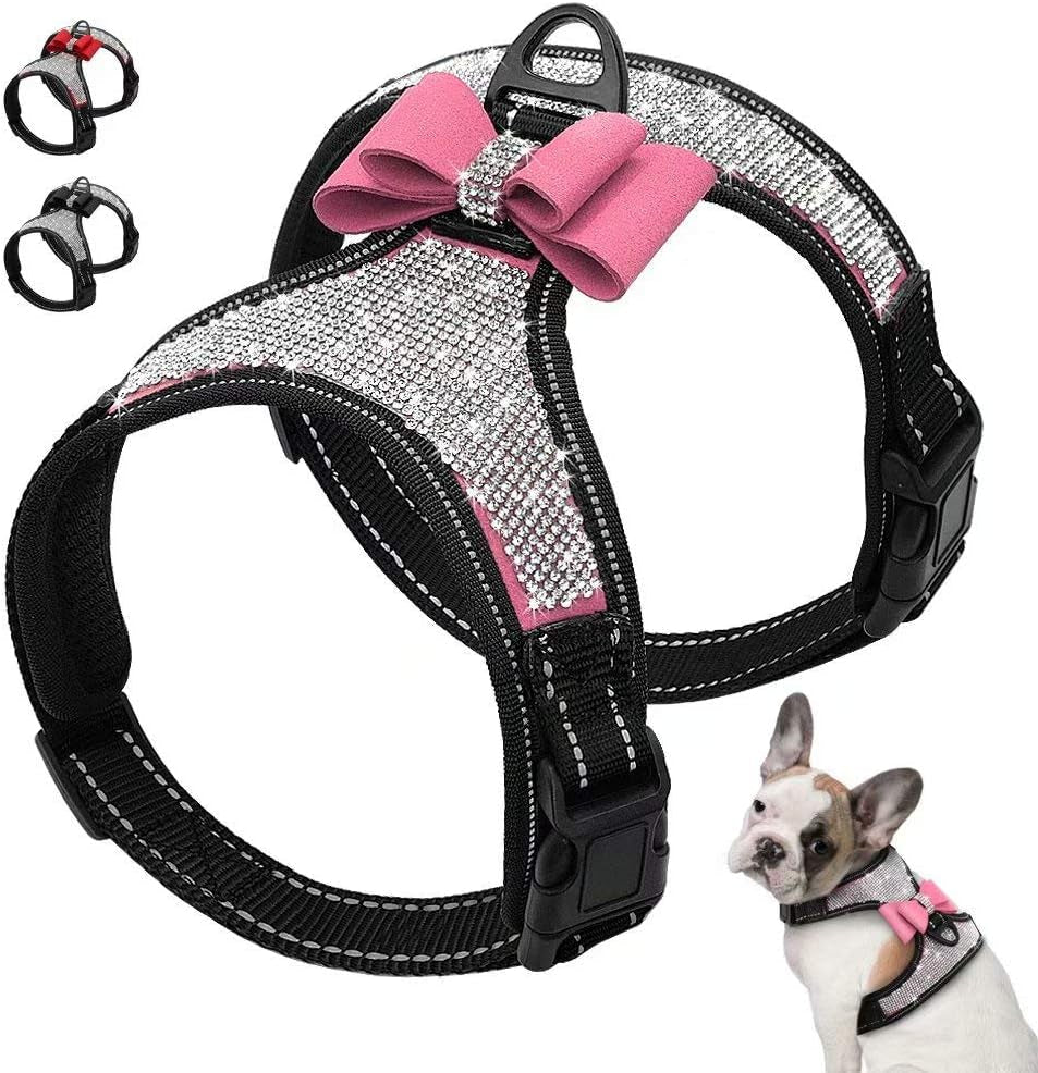 beirui-rhinestone-dog-harness-with-sparkly-bow-tie-black-s-chest-11-14-reflective-bling-nylon-soft-fleece-padded-for-small-large-dogs-walking-party-wedding
