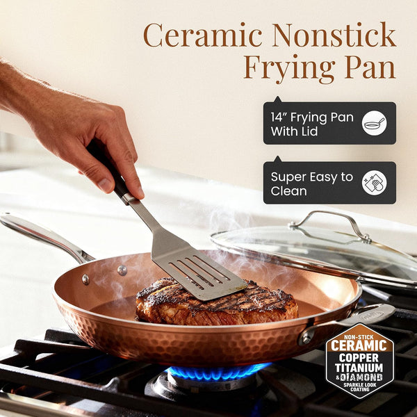 Hammered Copper 14 Inch Non Stick Frying Pan with Lid, Nonstick Frying Pan with Ceramic Coating and Induction Plate for Even Heating, Oven / Dishwasher Safe, 100% Healthy & Non Toxic | Extra Large Skillet, Induction Compatible, PFOA/PFOS/PTFE Free Ceramic Coating, Stay-Cool Handle, Oven & Dishwasher Safe8