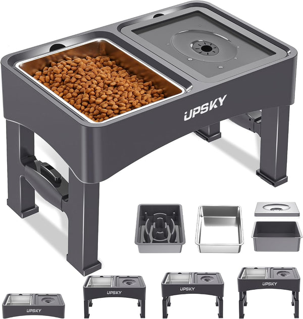 UPSKY 2-In-1 Elevated Dog Bowls Slow Feeder, 4 Height Adjustable Raised Bowl Stand, No Spill Dog Water Bowls, Anti-Slip Food and Water Bowls for Small Medium Dogs(Not Include Stainless Steel Bowl)10