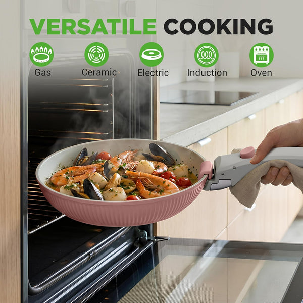 18-Piece Ceramic Cookware Set with Detachable Handles, Non Stick Pots and Pans, Ptfe-Free Natural Ceramic Coating, Space-Saving Design, Oven & Stove Safe, Includes Utensils, Pink4