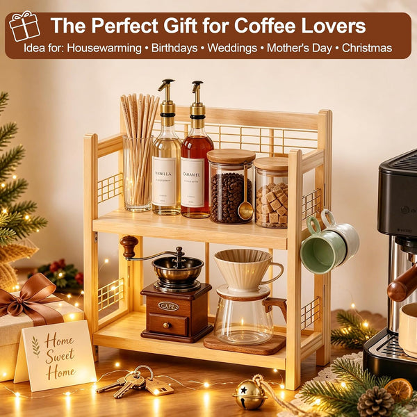 No-Assembly Coffee Bar Organizer, 2-Tier Coffee Station Shelf | Foldable Oak Wood Shelf, Coffee Station Accessories Storage for Syrup & Pod, 3 Hooks for Mugs, Kitchen Condiment Rack Natural8