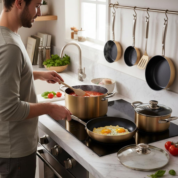 14-Piece Non Stick Kitchen Cookware Set W/Saucepan, Frying Pans, Cooking Pots, Dutch Oven Pot, Lids, Utensil, Gold4