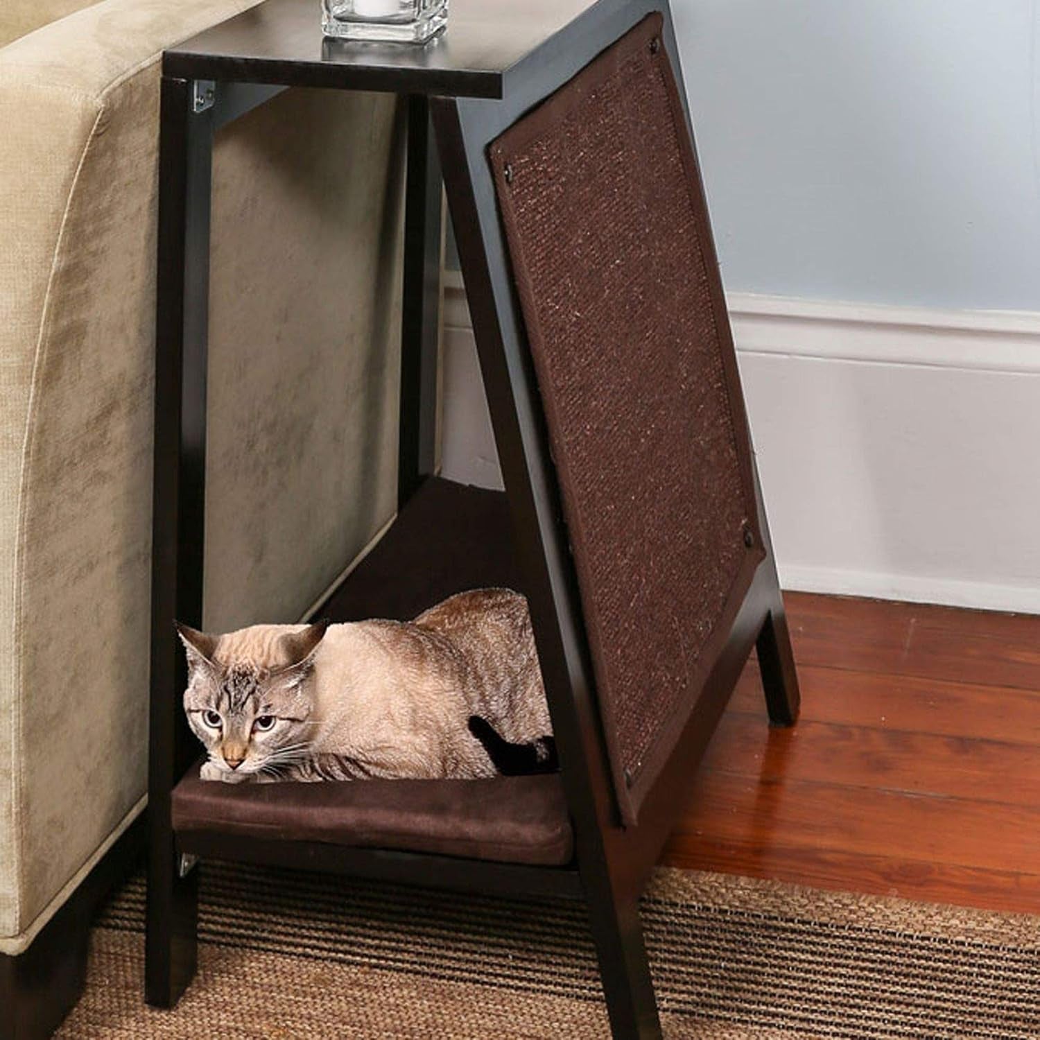 the-refined-feline-a-frame-cat-bed-cave-in-black-espresso-with-ventilated-base-multipurpose-wood-cat-furniture-table-easy-to-clean-covered-cat-bed-with-replaceable-scratching-post-washable-cushion