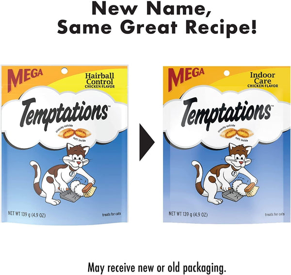 Whiskas Temptations Indoor Care Chicken Flavor Cat Treats, 4.9 Oz Pouch, 3 Pack3