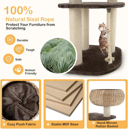 PETSITE 41 Inch Modern Cat Tree for Indoor Cats, Multi-Level Cat Tower with Scratching Posts, Hand-Made Wicker Cat Condo & Top Perch, Dangling Ball, Sisal Rope, Cute Cat Tree for Indoor Cats5