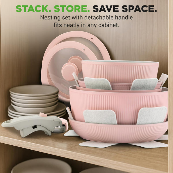 18 Pc Ceramic Cookware Set, Pots and Pans Set Non Stick, Pink | Ceramic Cookware Set, Includes Fry Pans, Utensils, Glass Lids, Detachable Handles, Induction Ready, Durable, Oven Safe6