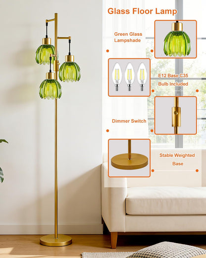 Glass Floor Lamp Green Lotus Flower Shade Dimmable Gold Floor Lamp | 3000K Bulbs Included 3-Light Modern Tall Floral Standing Lamp with 5Lbs Heavy Base for Living Room/Bedroom/Sofa Beside/Decor3