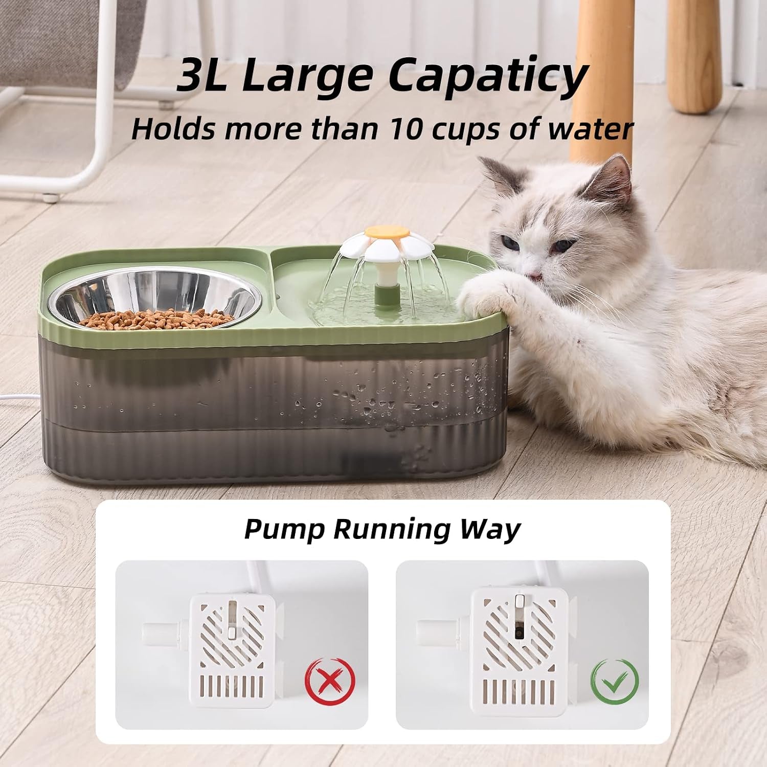 cat-water-fountain-and-food-bowl-3l-101oz-ultra-quiet-pet-water-dispenser-with-smart-pump-and-3-replacement-filters-automatic-flower-fountain-stainless-steel-bowl-black-green