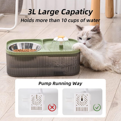 Cat Water Fountain and Food Bowl, 3L/101Oz Ultra Quiet Pet Water Dispenser with Smart Pump and 3 Replacement Filters, Automatic Flower Fountain & Stainless Steel Bowl (Black & Green)2