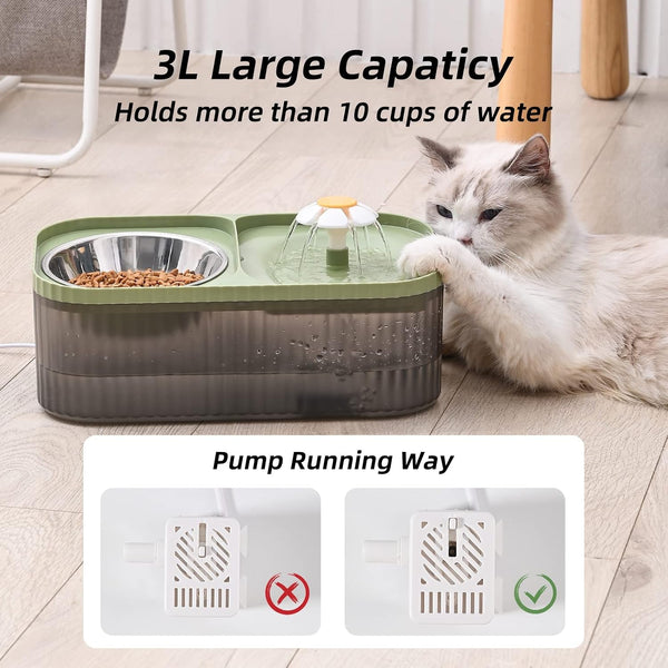Cat Water Fountain and Food Bowl, 3L/101Oz Ultra Quiet Pet Water Dispenser with Smart Pump and 3 Replacement Filters, Automatic Flower Fountain & Stainless Steel Bowl (Black & Green)2