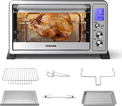 10-In-1 Convection Toaster Oven, 6-Slice Countertop Oven, 1500W | Bake, Broil, Rotisserie & Pizza Functions, LCD Knob Controls, 6 Accessories, with Toast, 1500W, Stainless Steel1
