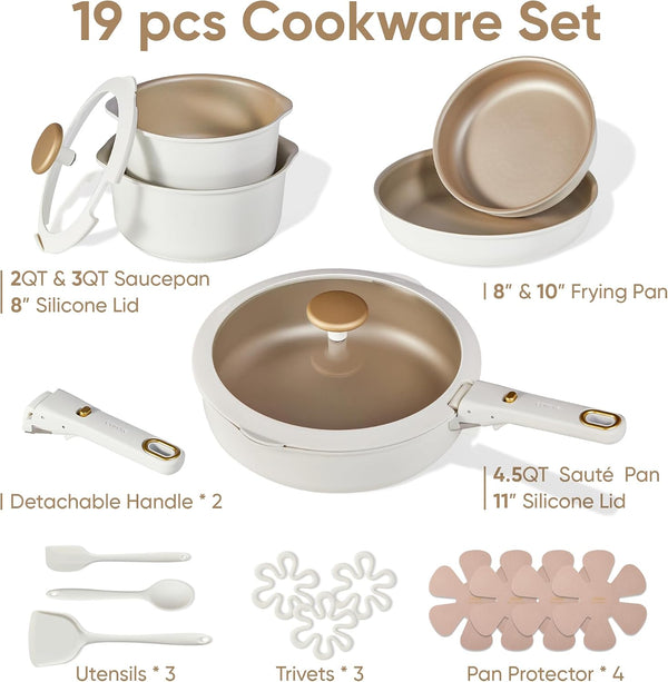 19 Pcs Pots and Pans Set, Nonstick Cookware Sets with Detachable Handle, Oven Safe, Cookware Non Stick Cooking Set W/Frying Pans & Saucepans White(Pfos, PFOA Free)2