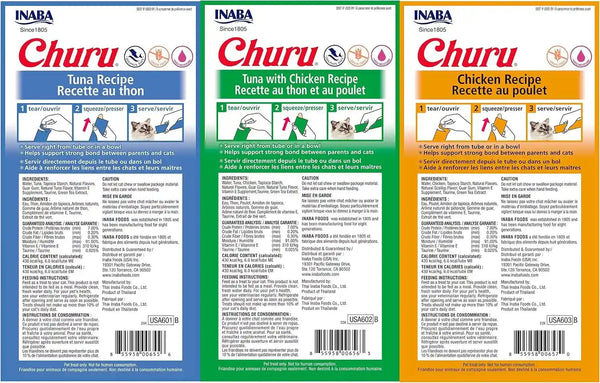 INABA Churu Lickable Purée Natural Cat Treats Tuna & Chicken 3 Flavor Assortment of 12 Tubes2