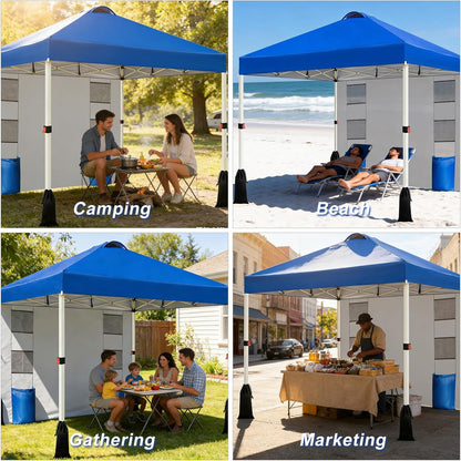10X10 Pop up Canopy Tent, 1-Button Push Setup Canopy Tent with 1 Sidewall, Adjustable Height Instant Portable Shelter,Portable Roller Bag, Easy Outdoor Sun Shade for Events,4 Weight Bags,Blue8