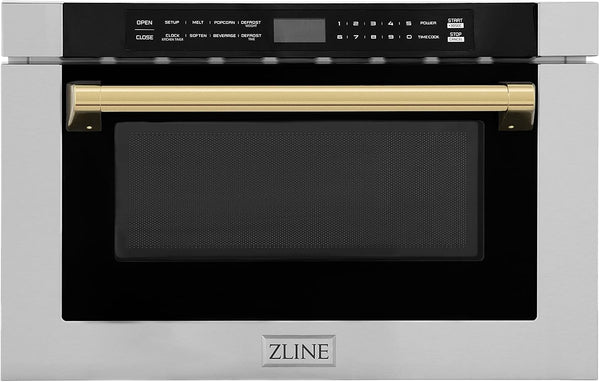 ZLINE Autograph Edition 24" 1.2 Cu. Ft. Built-In Microwave Drawer with a Traditional Handle in Stainless Steel and Gold Accents1
