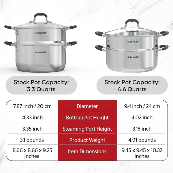 : 2-Tier Stainless Steel Steamer Pots - 3.1 Quart - Tempered Glass Lid, 3-Ply Bottom, Vegetable-Dumpling-Food Cookware, Dishwasher & Oven Safe | Steaming Pot with Glass Lid & Steamer Basket9