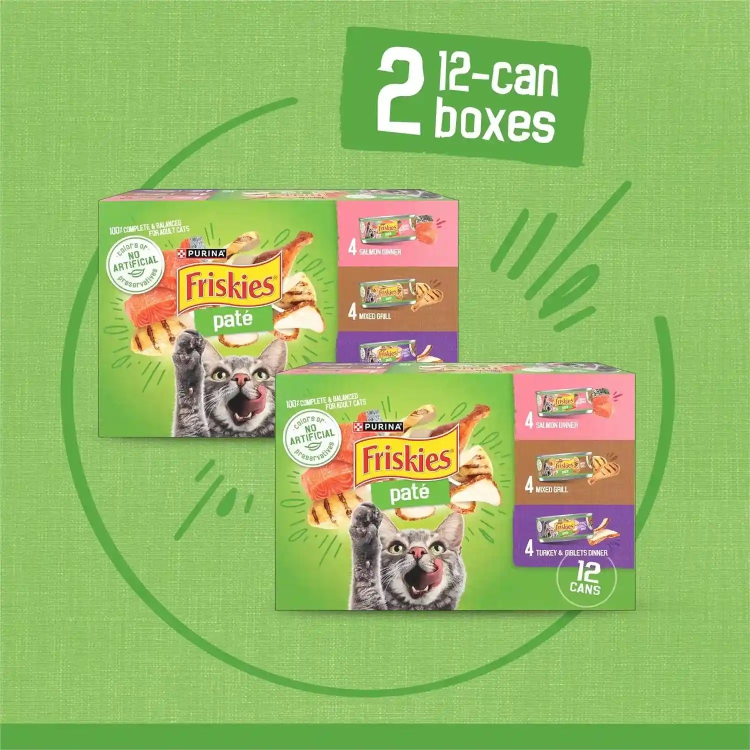 purina-friskies-wet-cat-food-pate-variety-pack-salmon-dinner-turkey-and-giblets-dinner-and-mixed-grill-2-packs-of-12-5-5-oz-cans
