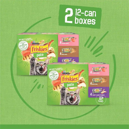 Purina Friskies Wet Cat Food Pate Variety Pack Salmon Dinner, Turkey and Giblets Dinner and Mixed Grill - (2 Packs of 12) 5.5 Oz. Cans5