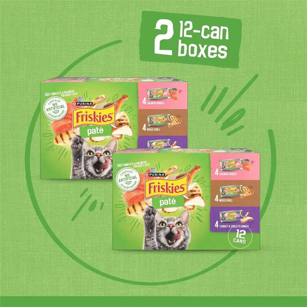 Purina Friskies Wet Cat Food Pate Variety Pack Salmon Dinner, Turkey and Giblets Dinner and Mixed Grill - (2 Packs of 12) 5.5 Oz. Cans5