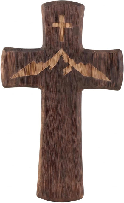 10" Wooden Cross for Wall– Mountain Engraved Christian Wall Decor | Rustic Religious Faith Wall Cross Decor, Handcraft Christian Wall Hanging Cross–Spiritual Gift for Christmas,Easter,Baptism1