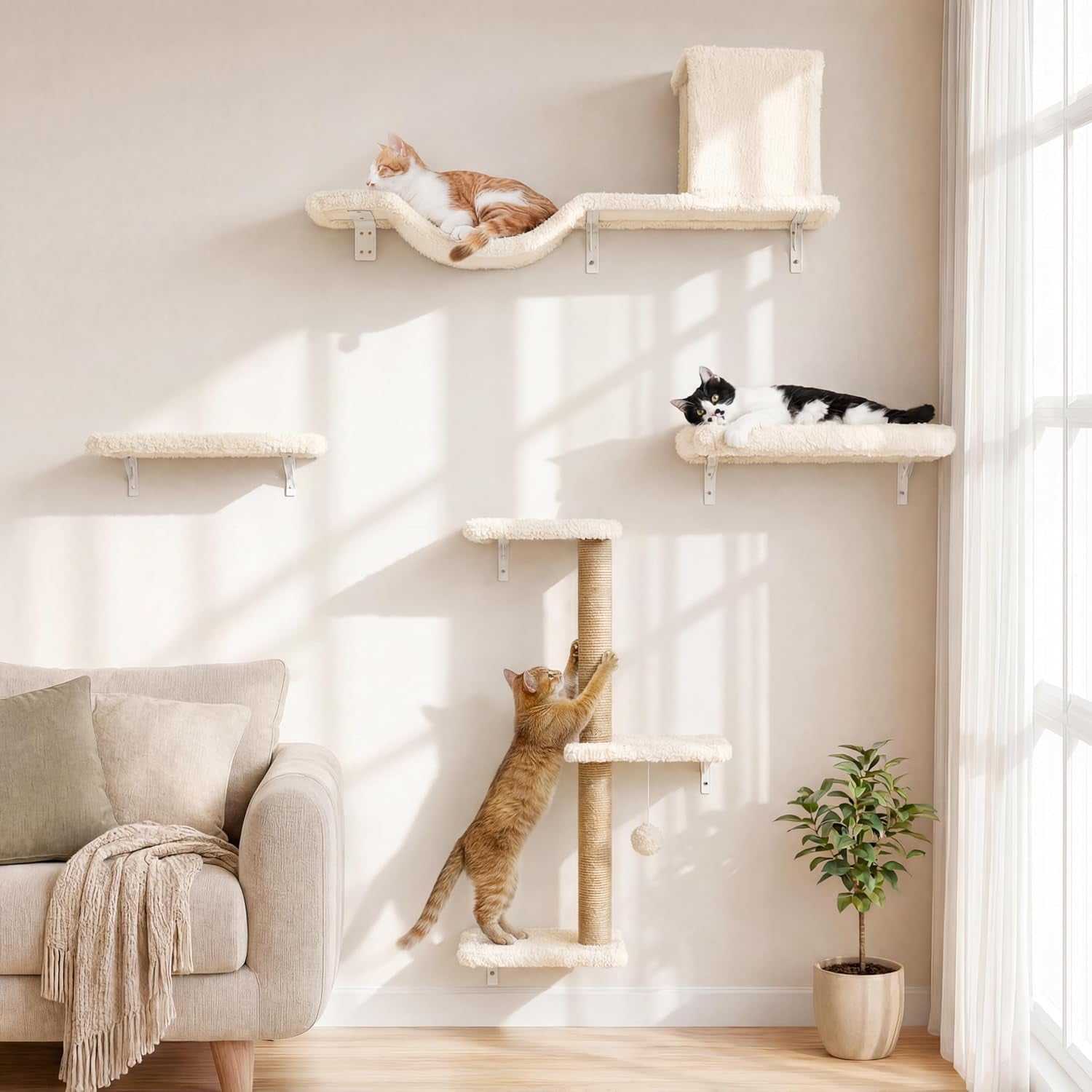 fukumaru-cat-wall-shelves-4-in-1-set-beige-stable-safe-cat-walls-furniture-wooden-kitten-climbing-wall-with-scratching-post-for-16-inch-drywall