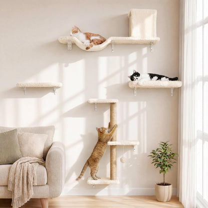 FUKUMARU Cat Wall Shelves, 4 in 1 Set, Beige | Stable & Safe Cat Walls Furniture, Wooden Kitten Climbing Wall with Scratching Post for 16 Inch Drywall1