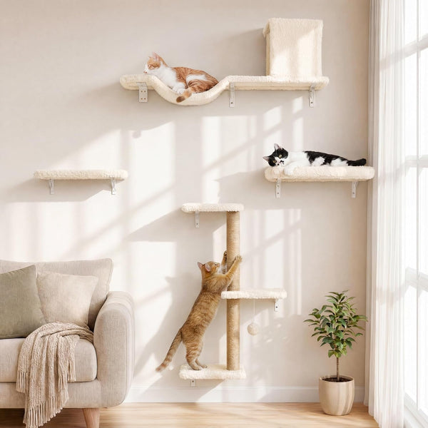 FUKUMARU Cat Wall Shelves, 4 in 1 Set, Beige | Stable & Safe Cat Walls Furniture, Wooden Kitten Climbing Wall with Scratching Post for 16 Inch Drywall1